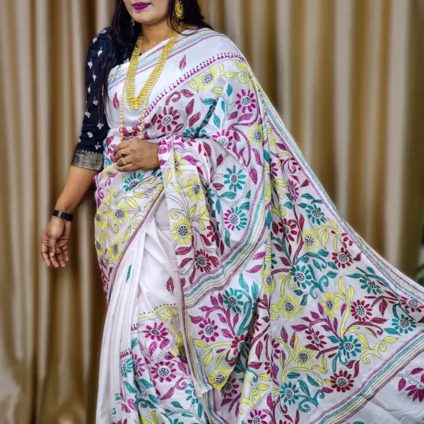 White Pure Silk Multicolor Hand-Stitched Kantha Saree – A Tapestry Of Tradition