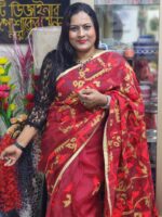 Red Rajshahi Pure Moslin Saree With Hand Embrodery-Elegance BD - Image 3