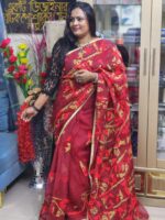 Red Rajshahi Pure Moslin Saree With Hand Embrodery-Elegance BD - Image 2