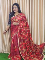 Red Rajshahi Pure Moslin Saree With Hand Embrodery-Elegance BD