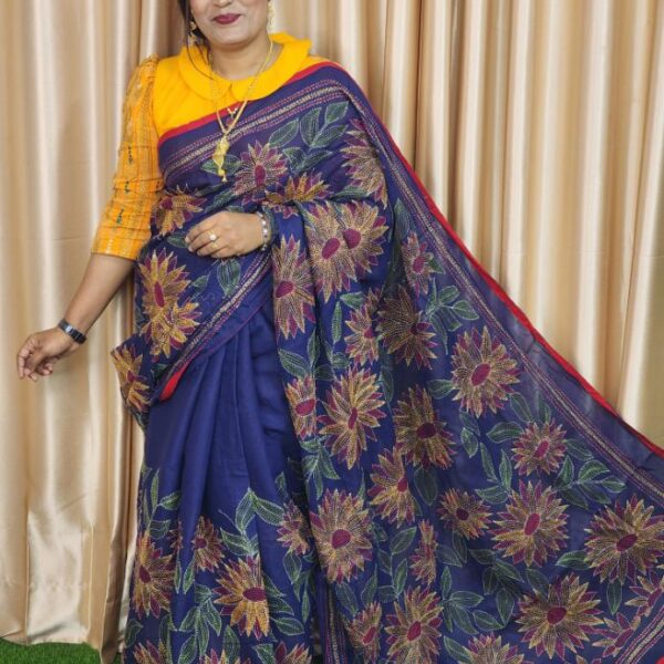 kantha Work Cotton Saree For Women-Blue
