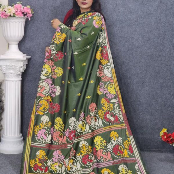 Designer Hand Embroidery Kantha Work Saree On Silk