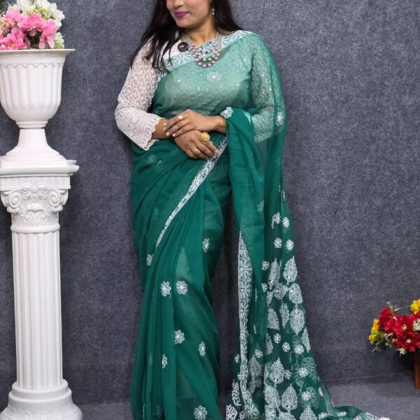 Green Georgette Saree Lucknow Stitch
